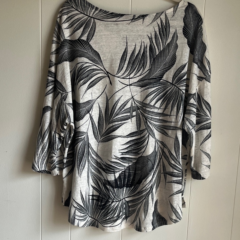 Tahari Black and White Leaf Print 100% Linen Blouse Sz 2X Coastal Grandma Beach - Picture 8 of 8